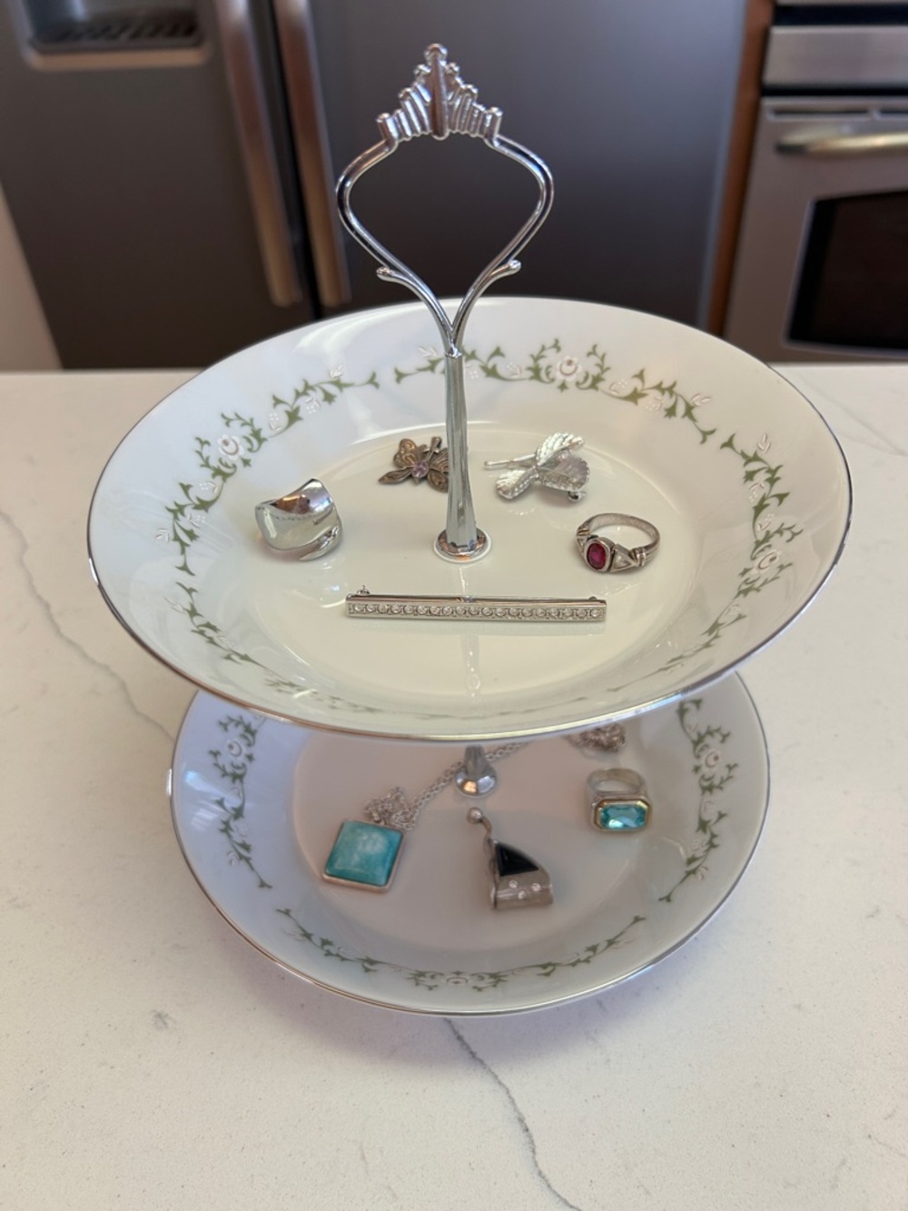 Two-Tier White Ceramic Jewelry or Dessert Stand with Silver Handle 9” high